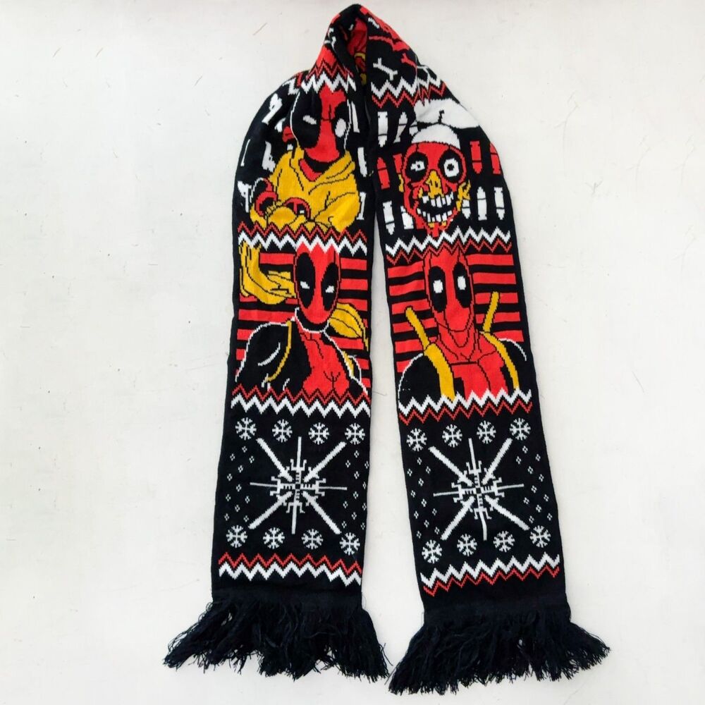 Marvel Deadpool Loot Crate Ugly Holiday Christmas Double Sided Scarf Fringe